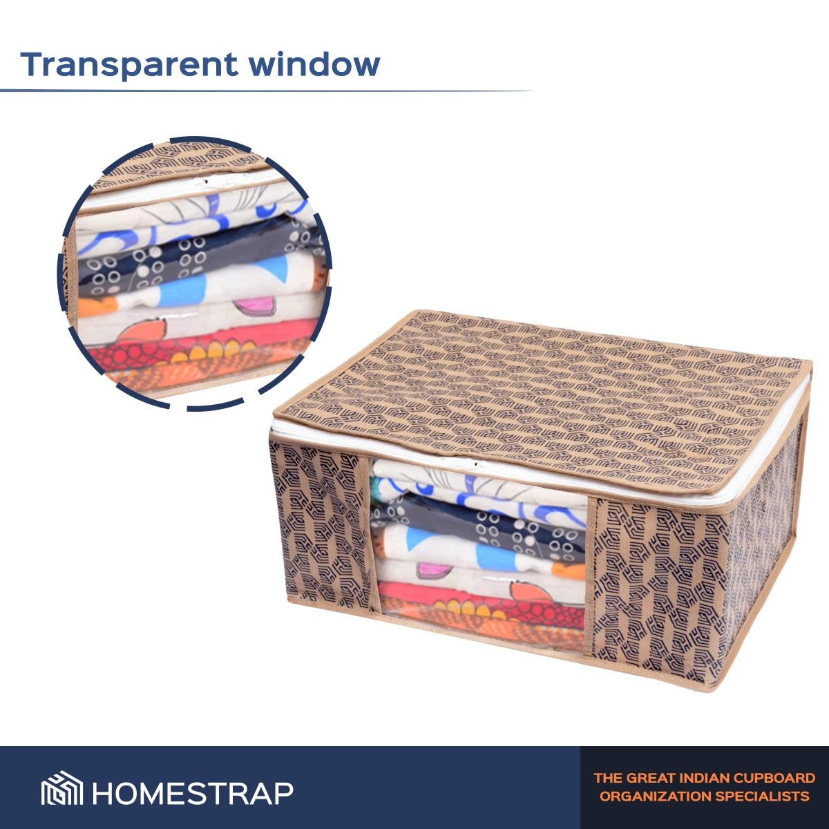 Homestrap Set of 6 Non-Woven Printed Saree Cover/Cloth Storage/Wardrobe Organizer For Clothes with Transparent Window (Grey)(Shark Tank Featured) 45cmx33cmx22cm