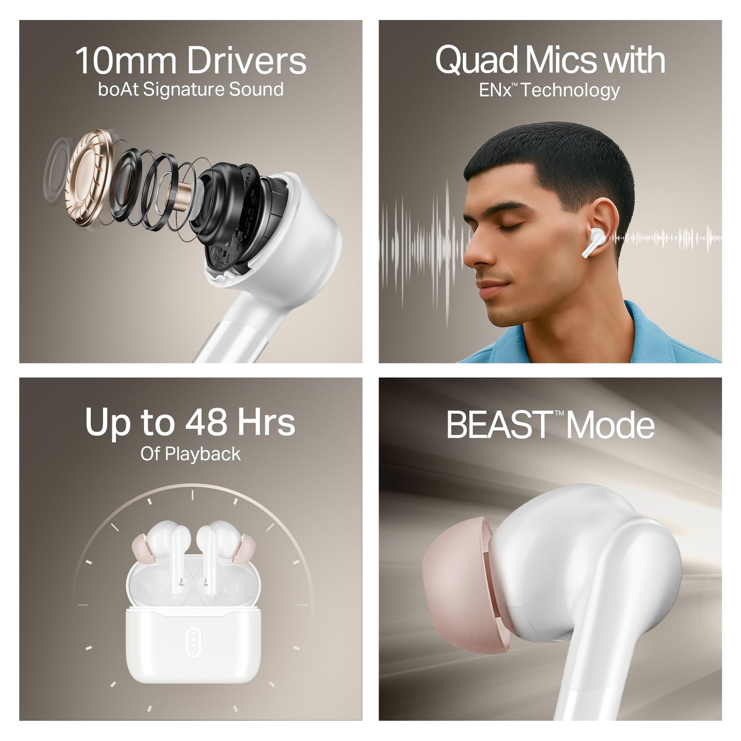 Boat Airdopes 141 Gen 2, 4 Mics ENx Tech, 48 Hrs Playback, Free Music Streaming, Fast Charge, Low Latency, IPX4, v5.4 Bluetooth Earbuds, TWS Ear Buds Wireless Earphones with mic (Active White)