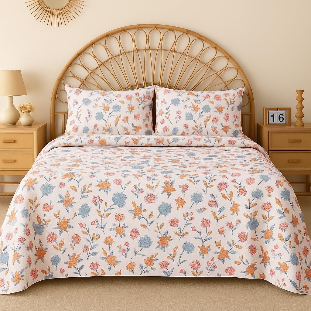 BSB HOME 100% Cotton CloudTouch Double Bed Bedsheet Set | 144 TC Soft & Breathable | Mint Green Floral & Beige Leaves with 2 Pillow Covers | Wrinkle Free | for Bedroom (90 x 90 Inches)