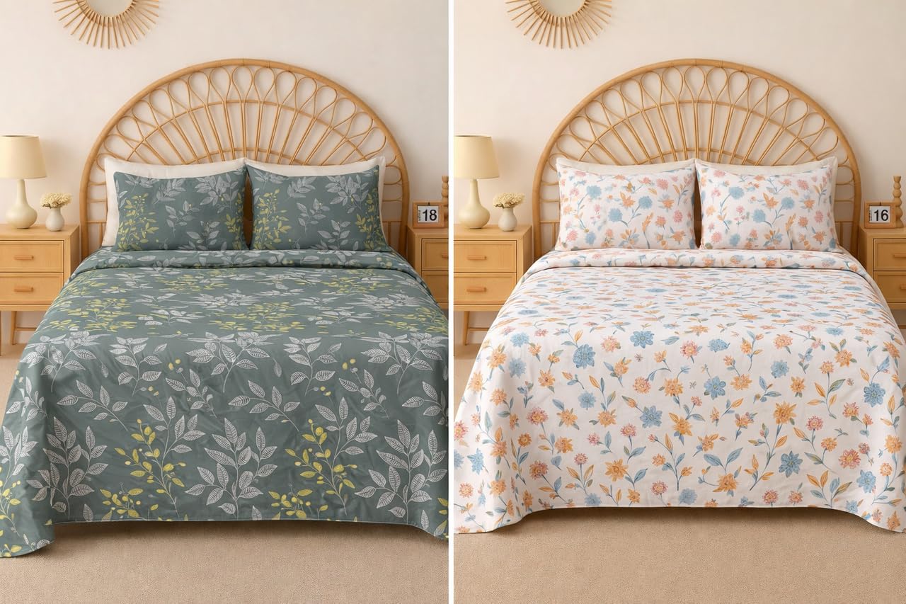 BSB HOME 100% Cotton CloudTouch Double Bed Bedsheet Set | 144 TC Soft & Breathable | Mint Green Floral & Beige Leaves with 2 Pillow Covers | Wrinkle Free | for Bedroom (90 x 90 Inches)
