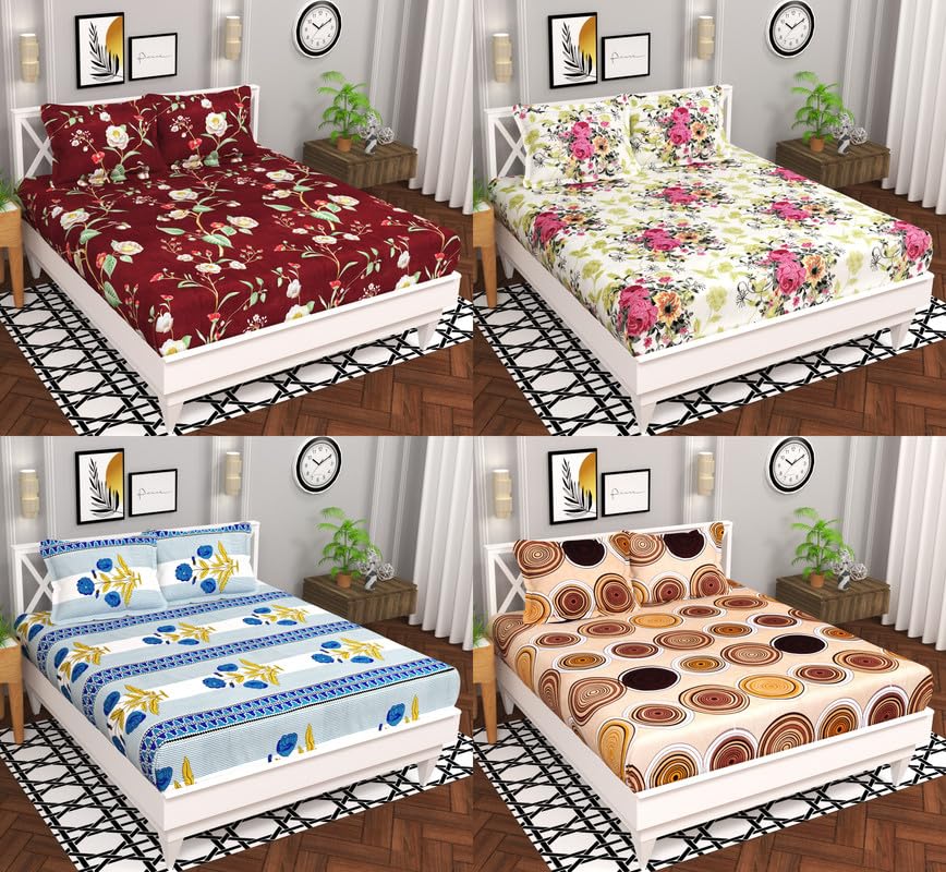 BSB HOME 100% Cotton CloudTouch Double Bed Bedsheet Set | 144 TC Soft & Breathable | Mint Green Floral & Beige Leaves with 2 Pillow Covers | Wrinkle Free | for Bedroom (90 x 90 Inches)
