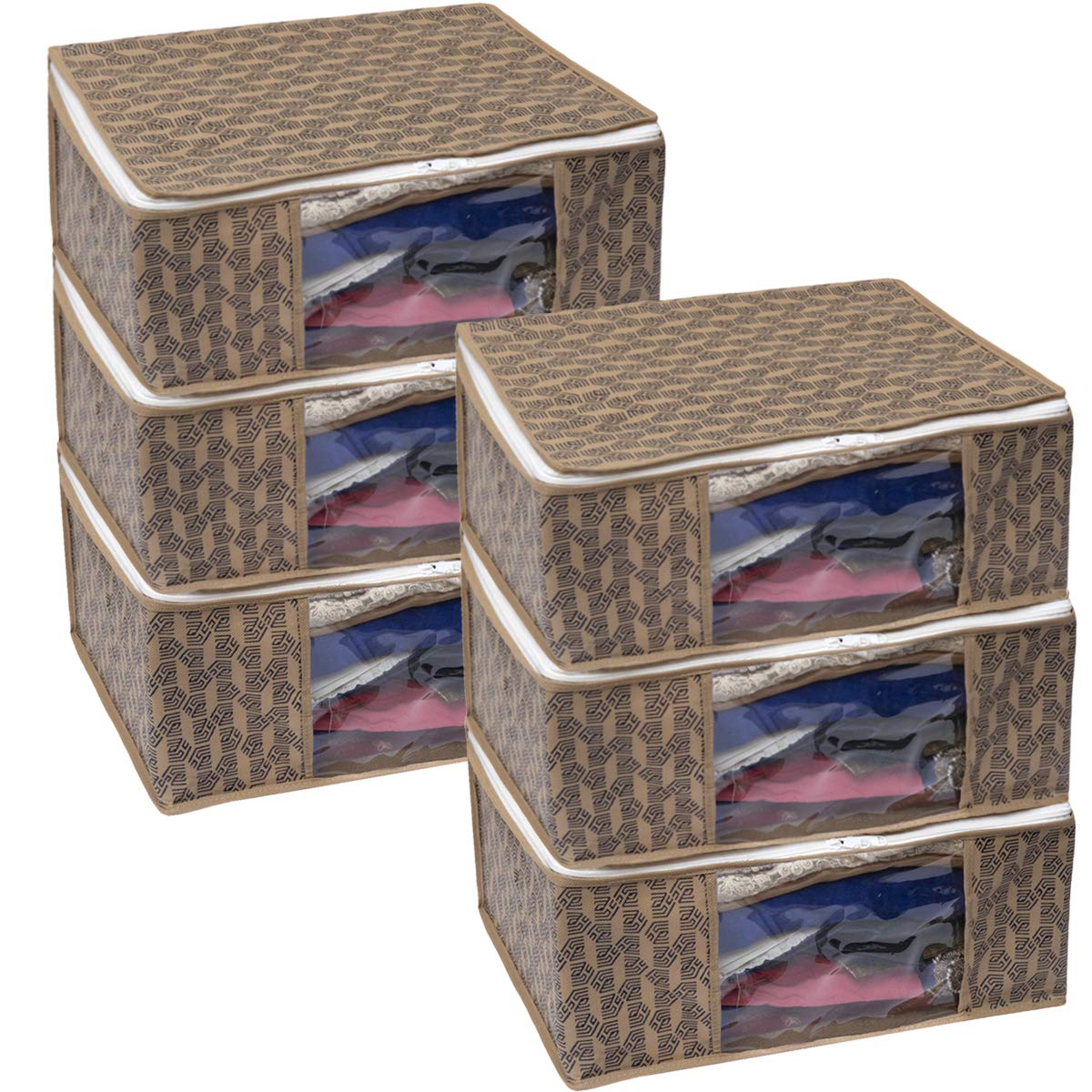 Homestrap Set of 6 Non-Woven Printed Saree Cover/Cloth Storage/Wardrobe Organizer For Clothes with Transparent Window (Grey)(Shark Tank Featured) 45cmx33cmx22cm