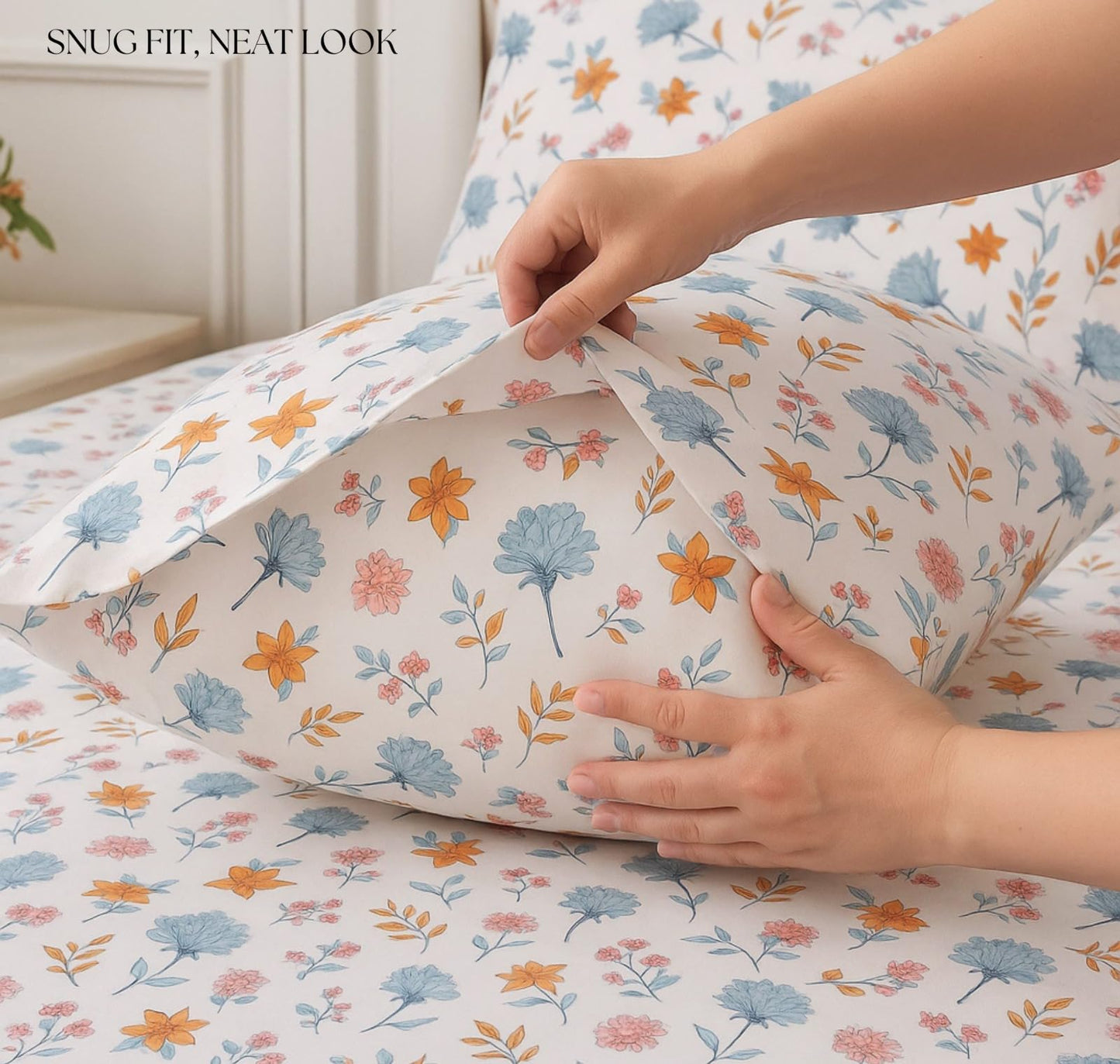 BSB HOME 100% Cotton CloudTouch Double Bed Bedsheet Set | 144 TC Soft & Breathable | Mint Green Floral & Beige Leaves with 2 Pillow Covers | Wrinkle Free | for Bedroom (90 x 90 Inches)