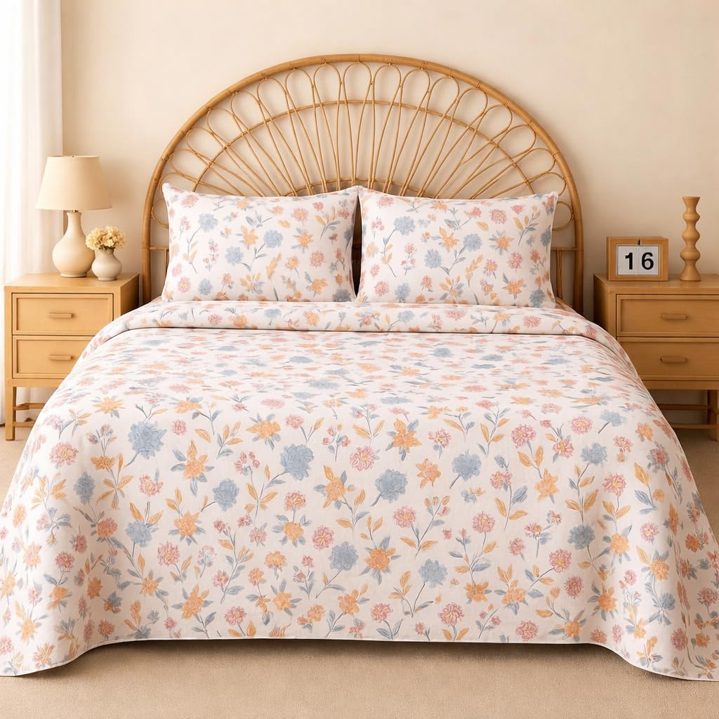 VAS COLLECTIONS Cloud Cotton Double Bedsheet 180 TC | Soft & Breathable Cotton Bedding Set with 2 Pillow Covers | Elegant Floral Printed Bed Sheet for Bedroom & Home | 90 x 90 Inches (Botanical Sage)