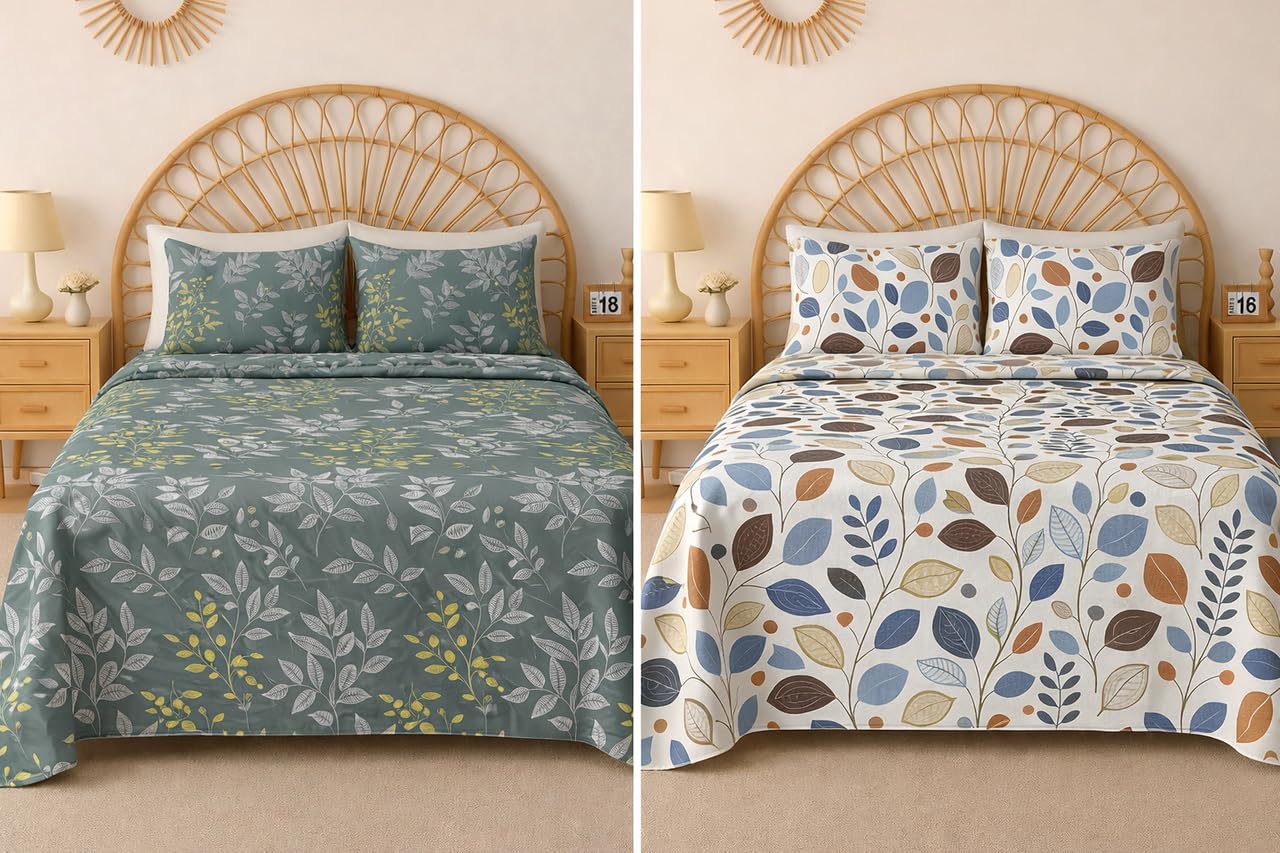BSB HOME 100% Cotton CloudTouch Double Bed Bedsheet Set | 144 TC Soft & Breathable | Mint Green Floral & Beige Leaves with 2 Pillow Covers | Wrinkle Free | for Bedroom (90 x 90 Inches)