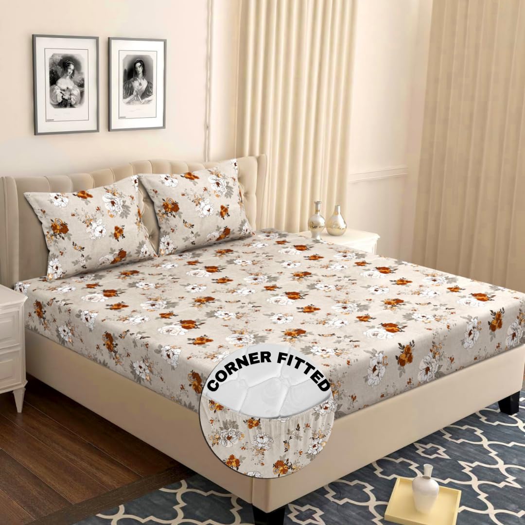 VAS COLLECTIONS Premium Cotton Elastic Fitted Double Bedsheet Set – 160-210 TC, 72 x 68 + 6 Inches | Wrinkle-Free, Breathable, with 2 Pillow Covers | Corner Fitted Sheet (Off White & Blue)