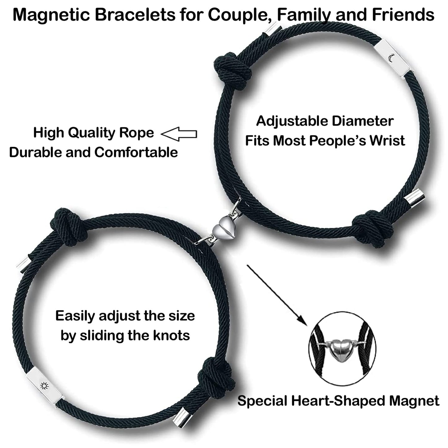 tekme 2PCS Set Magnetic Couple Bracelets for Women Men, Stainless Steel Heart Shaped with Sun and Moon Attraction Matching Bracelet Gifts for Lover/Friend, Gift for Valentine Day