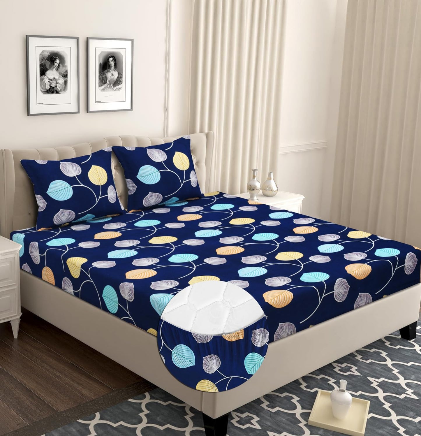 VAS COLLECTIONS Premium Cotton Elastic Fitted Double Bedsheet Set – 160-210 TC, 72 x 68 + 6 Inches | Wrinkle-Free, Breathable, with 2 Pillow Covers | Corner Fitted Sheet (Off White & Blue)