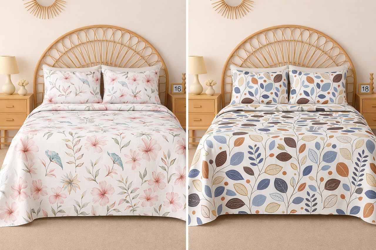 BSB HOME 100% Cotton CloudTouch Double Bed Bedsheet Set | 144 TC Soft & Breathable | Mint Green Floral & Beige Leaves with 2 Pillow Covers | Wrinkle Free | for Bedroom (90 x 90 Inches)
