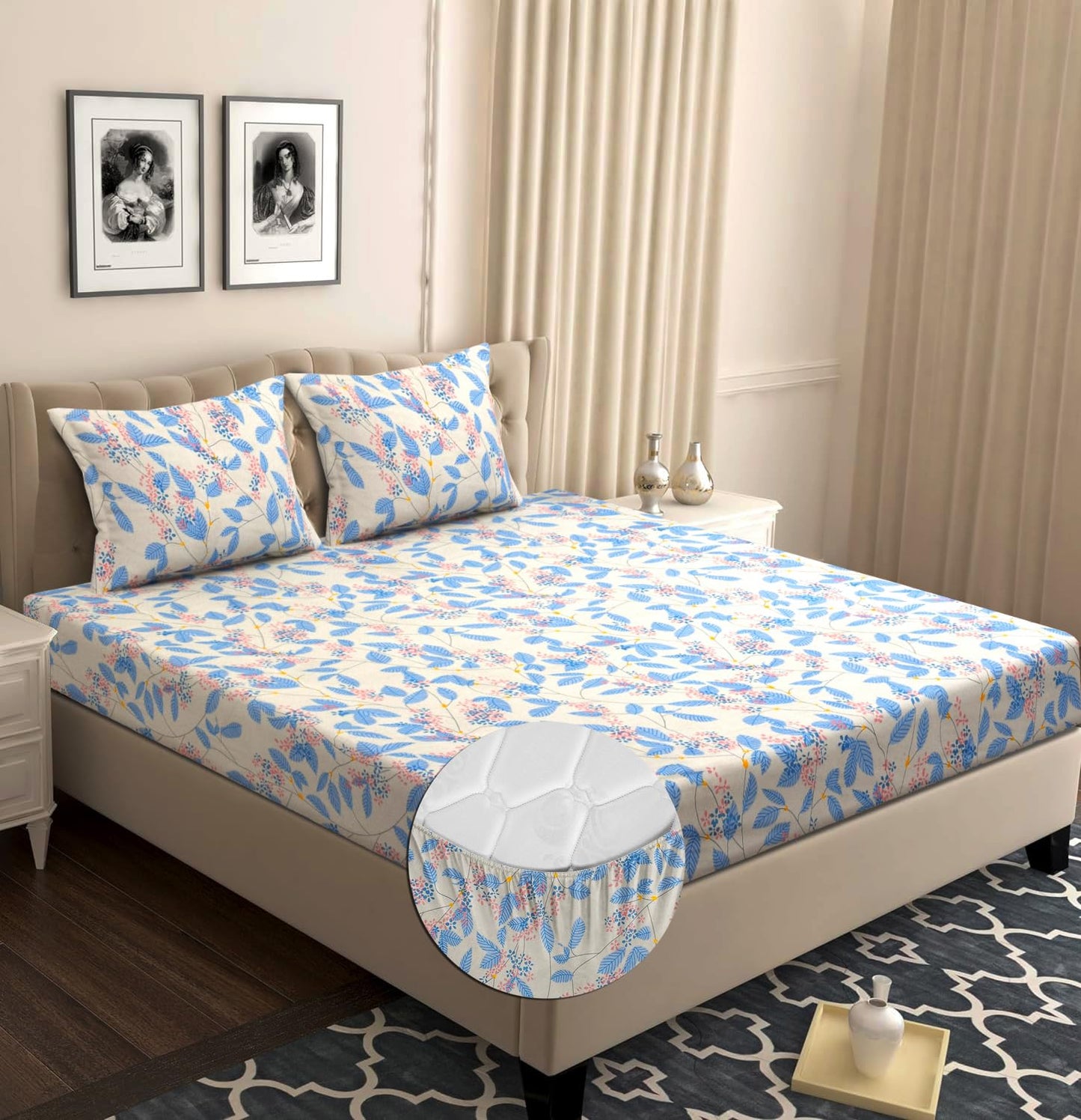 VAS COLLECTIONS Premium Cotton Elastic Fitted Double Bedsheet Set – 160-210 TC, 72 x 68 + 6 Inches | Wrinkle-Free, Breathable, with 2 Pillow Covers | Corner Fitted Sheet (Off White & Blue)