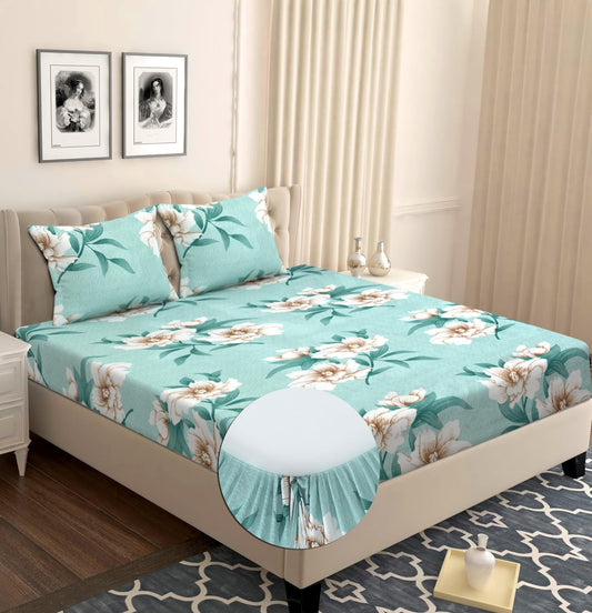 VAS COLLECTIONS Premium Cotton Elastic Fitted Double Bedsheet Set – 160-210 TC, 72 x 68 + 6 Inches | Wrinkle-Free, Breathable, with 2 Pillow Covers | Corner Fitted Sheet (Off White & Blue)