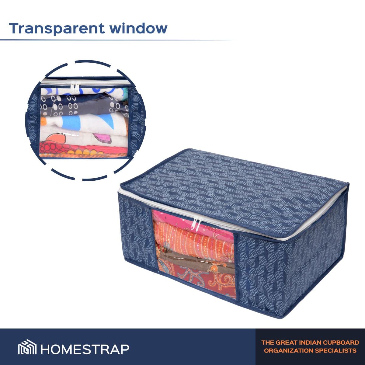Homestrap Set of 6 Non-Woven Printed Saree Cover/Cloth Storage/Wardrobe Organizer For Clothes with Transparent Window (Grey)(Shark Tank Featured) 45cmx33cmx22cm