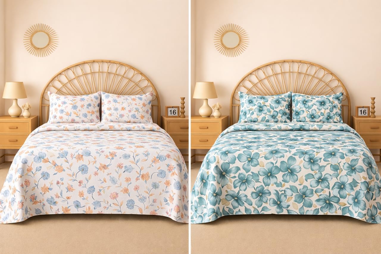 BSB HOME 100% Cotton CloudTouch Double Bed Bedsheet Set | 144 TC Soft & Breathable | Mint Green Floral & Beige Leaves with 2 Pillow Covers | Wrinkle Free | for Bedroom (90 x 90 Inches)
