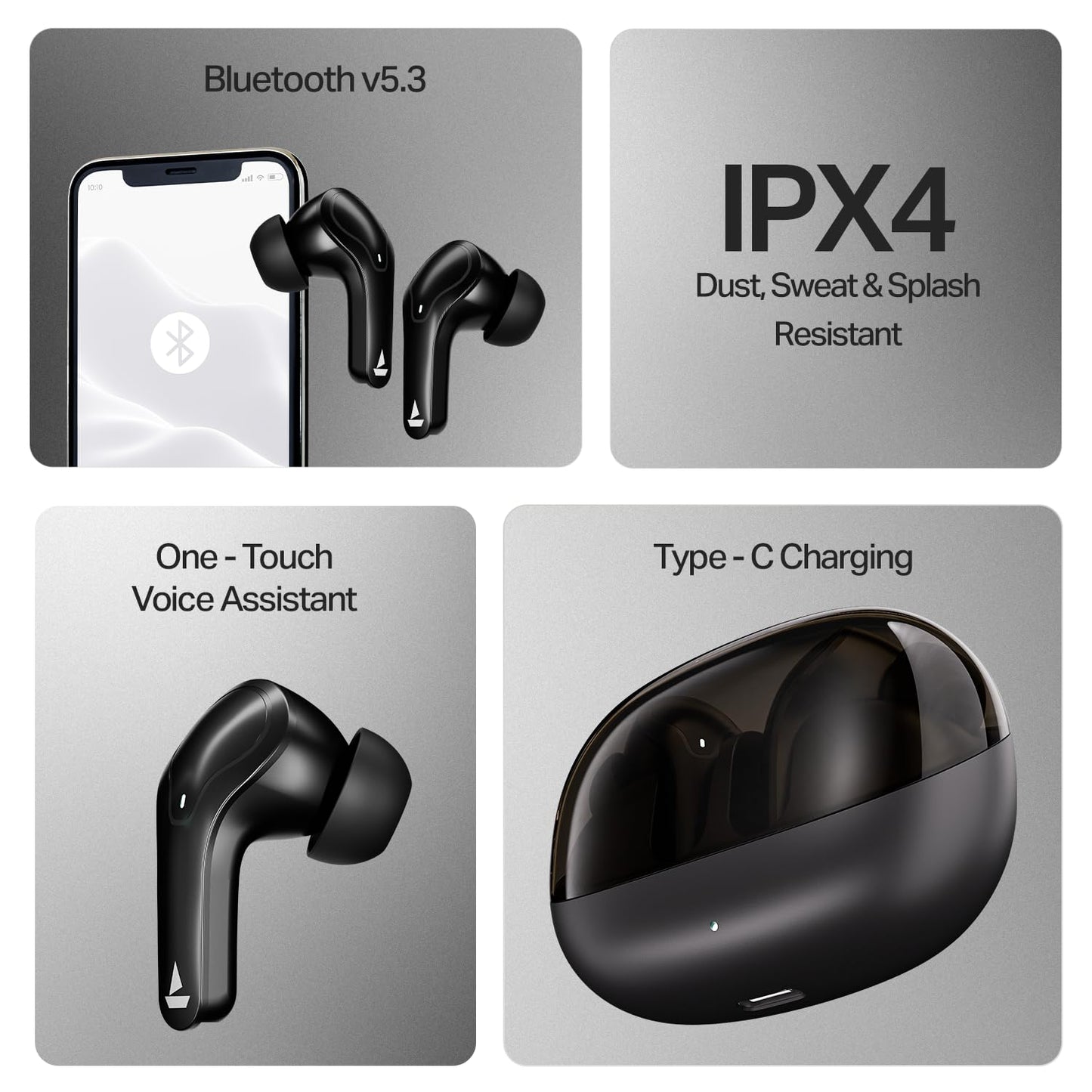 Boat Airdopes Plus 311, Glass Design, ENx Tech, Fast Charge, 50 Hrs Battery, Stream Ad Free Music via App Support Bluetooth Earbuds, TWS Ear Buds Wireless Earphones with mic (Charcoal Black)