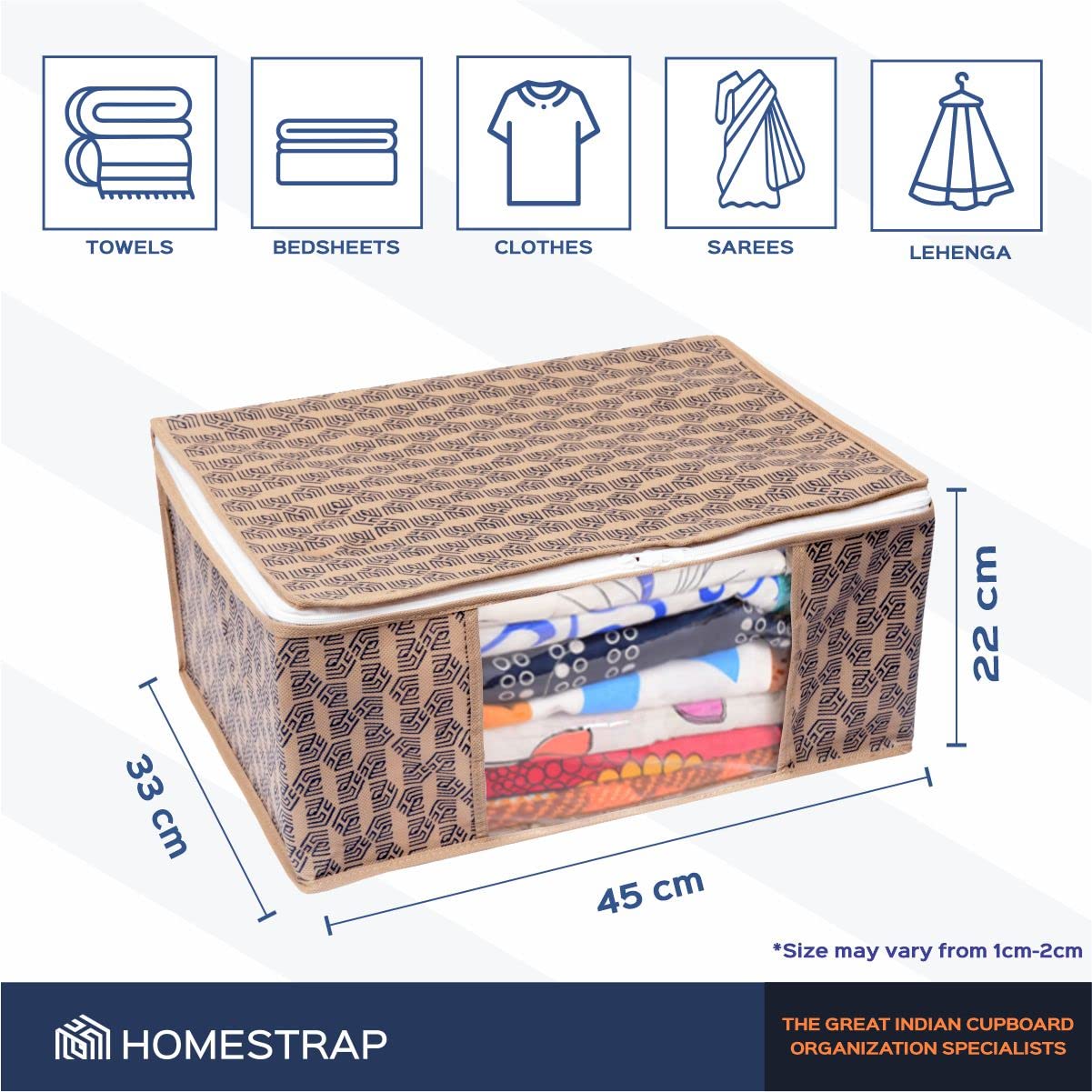 Homestrap Set of 6 Non-Woven Printed Saree Cover/Cloth Storage/Wardrobe Organizer For Clothes with Transparent Window (Grey)(Shark Tank Featured) 45cmx33cmx22cm