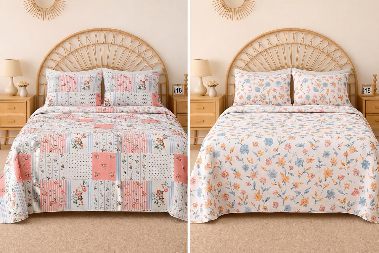 BSB HOME 100% Cotton CloudTouch Double Bed Bedsheet Set | 144 TC Soft & Breathable | Mint Green Floral & Beige Leaves with 2 Pillow Covers | Wrinkle Free | for Bedroom (90 x 90 Inches)