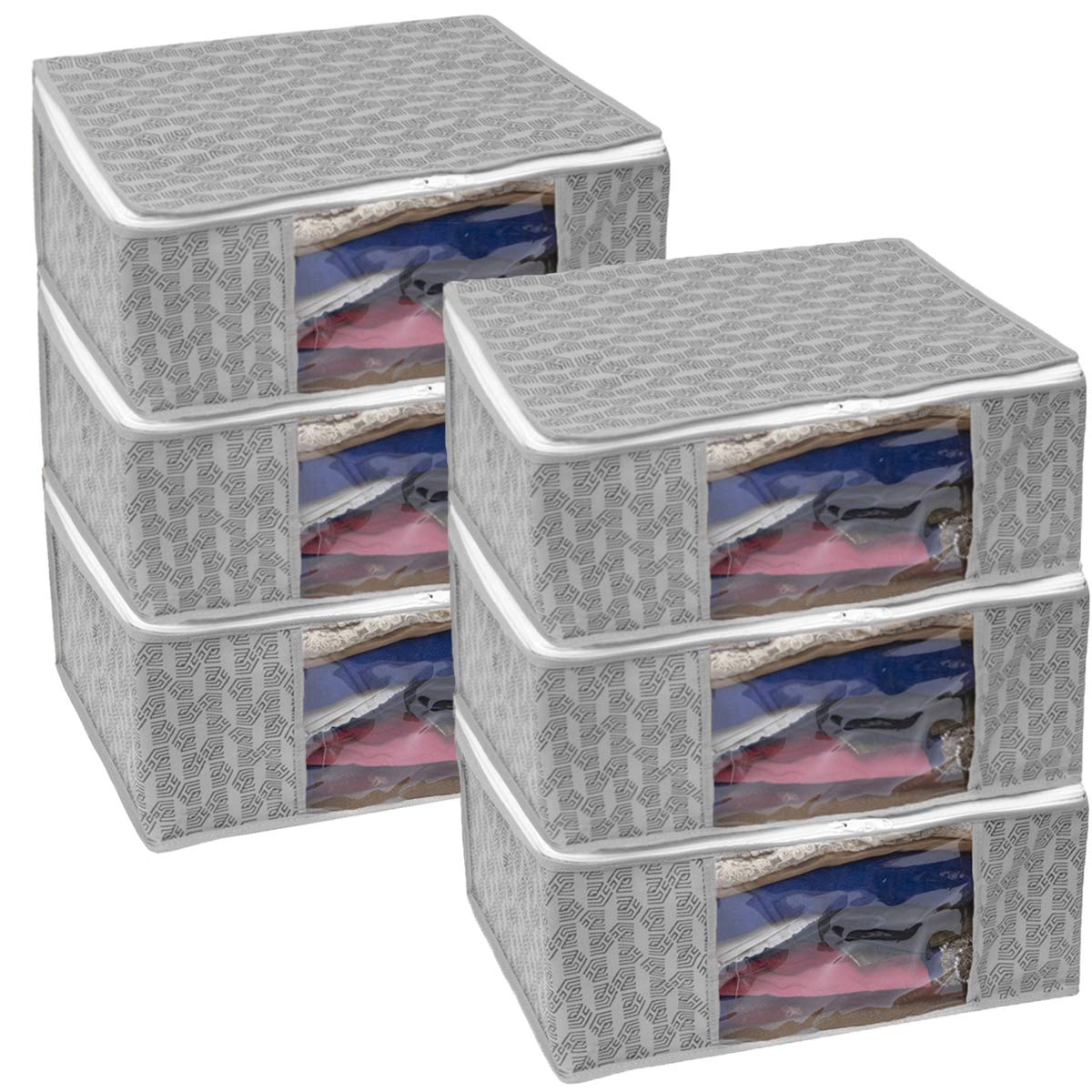 Homestrap Set of 6 Non-Woven Printed Saree Cover/Cloth Storage/Wardrobe Organizer For Clothes with Transparent Window (Grey)(Shark Tank Featured) 45cmx33cmx22cm