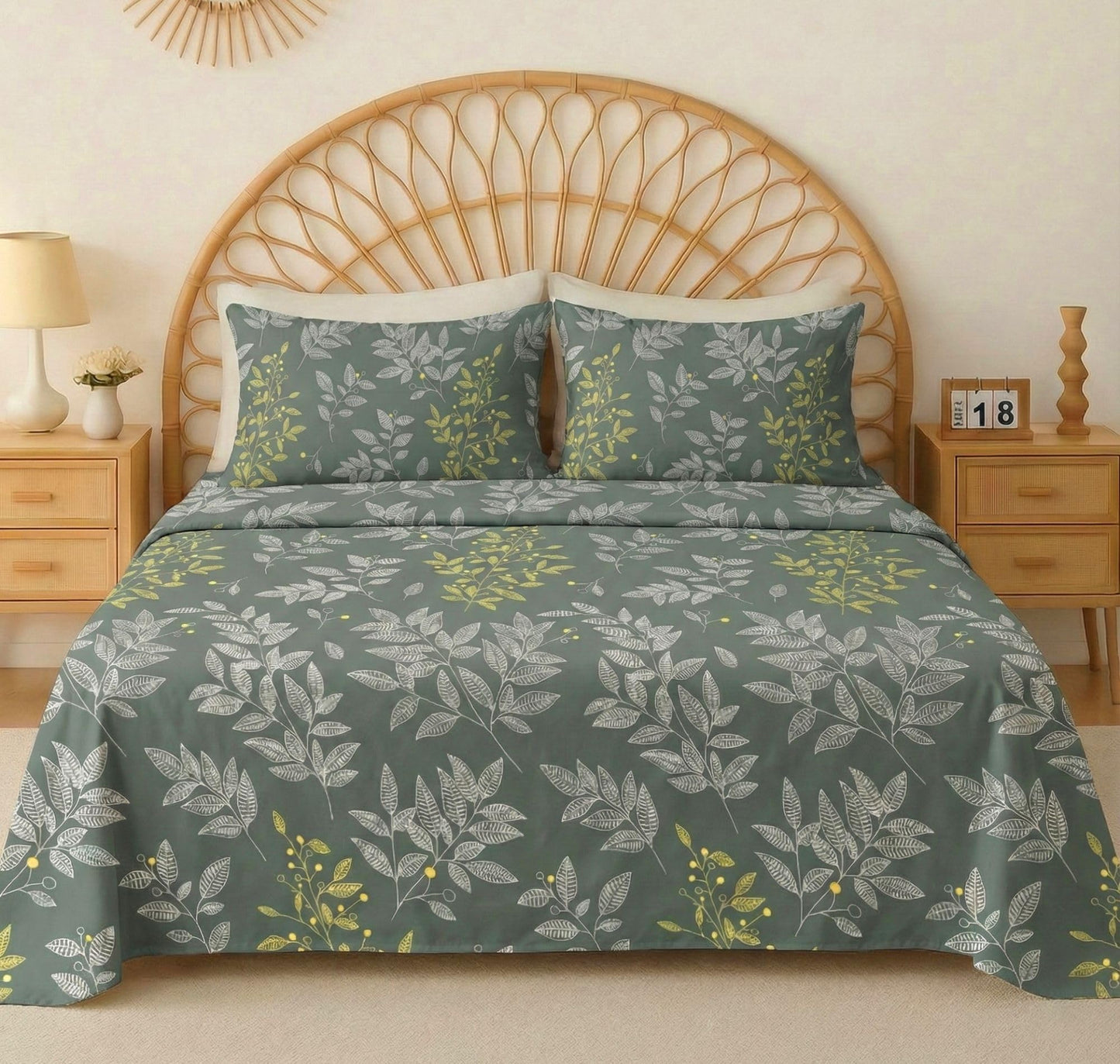 BSB HOME 100% Cotton CloudTouch Double Bed Bedsheet Set | 144 TC Soft & Breathable | Mint Green Floral & Beige Leaves with 2 Pillow Covers | Wrinkle Free | for Bedroom (90 x 90 Inches)