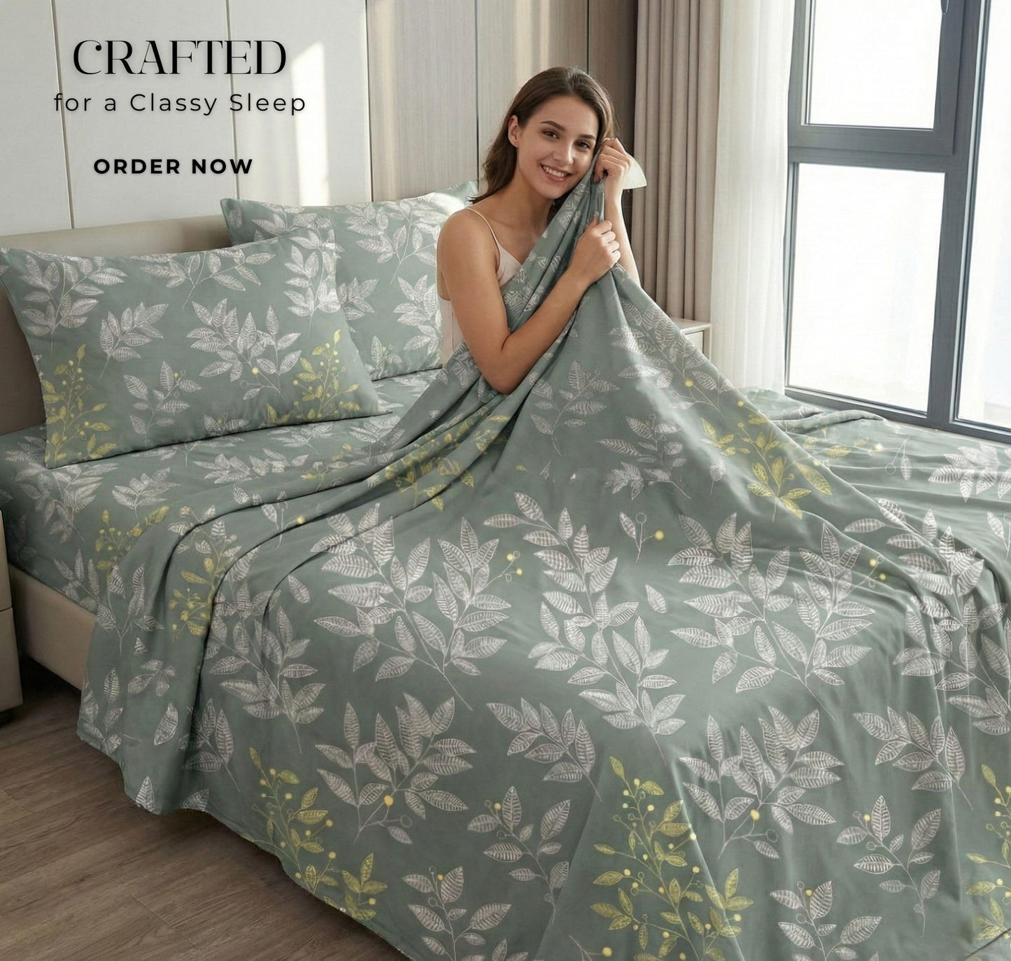 BSB HOME 100% Cotton CloudTouch Double Bed Bedsheet Set | 144 TC Soft & Breathable | Mint Green Floral & Beige Leaves with 2 Pillow Covers | Wrinkle Free | for Bedroom (90 x 90 Inches)