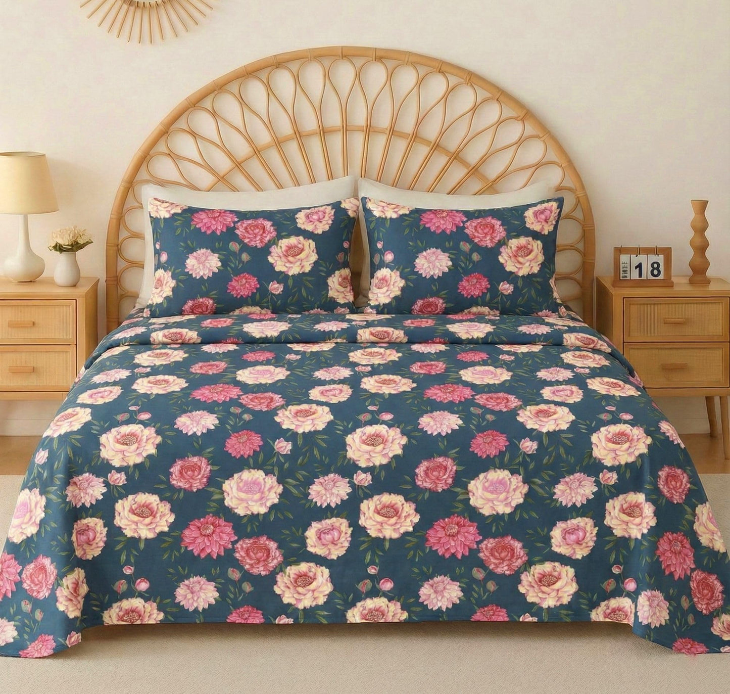 BSB HOME 100% Cotton CloudTouch Double Bed Bedsheet Set | 144 TC Soft & Breathable | Mint Green Floral & Beige Leaves with 2 Pillow Covers | Wrinkle Free | for Bedroom (90 x 90 Inches)