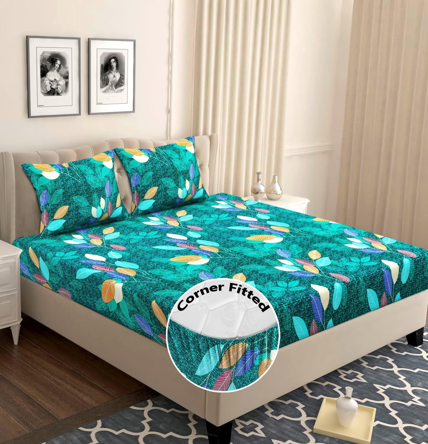 VAS COLLECTIONS Premium Cotton Elastic Fitted Double Bedsheet Set – 160-210 TC, 72 x 68 + 6 Inches | Wrinkle-Free, Breathable, with 2 Pillow Covers | Corner Fitted Sheet (Off White & Blue)
