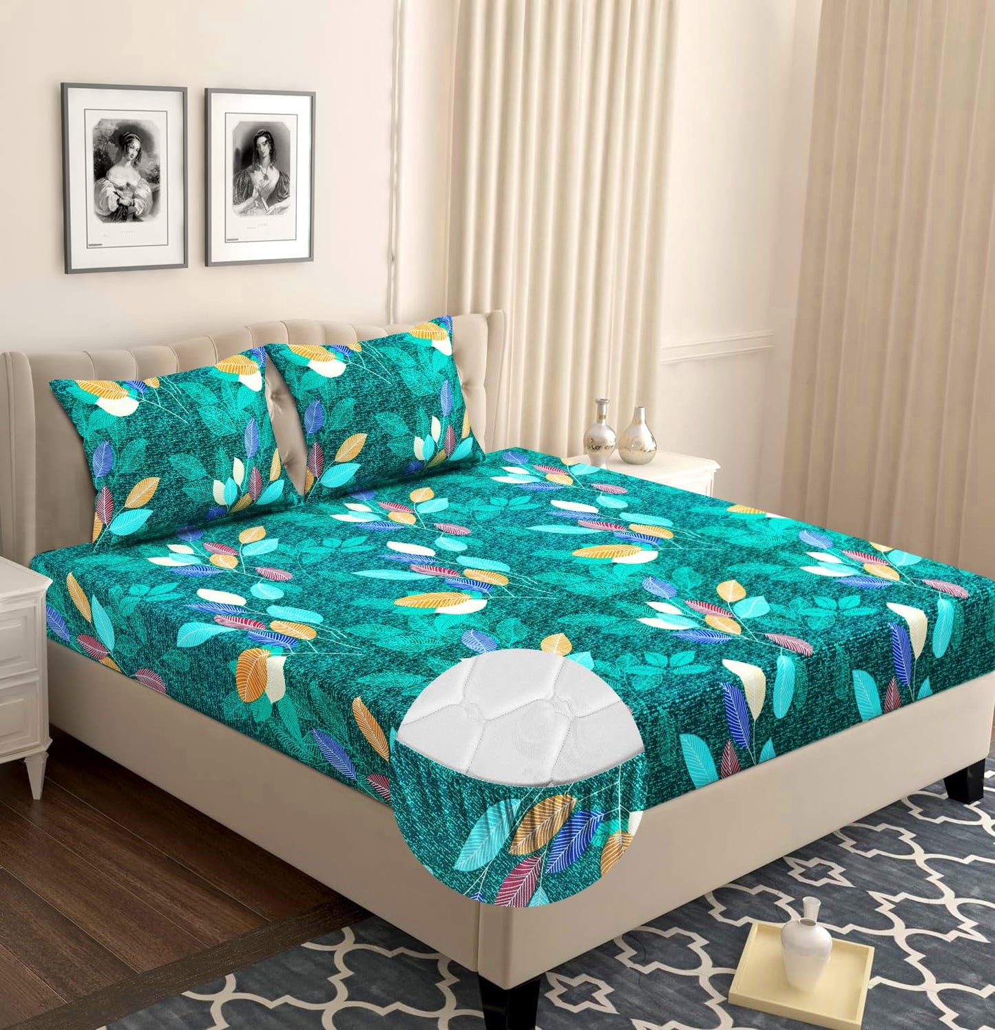 VAS COLLECTIONS Premium Cotton Elastic Fitted Double Bedsheet Set – 160-210 TC, 72 x 68 + 6 Inches | Wrinkle-Free, Breathable, with 2 Pillow Covers | Corner Fitted Sheet (Off White & Blue)