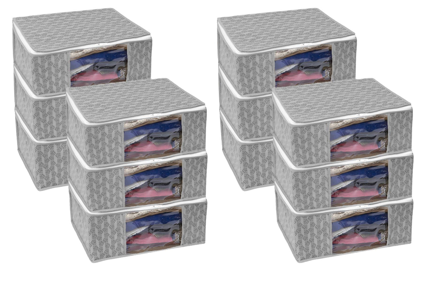 Homestrap Set of 6 Non-Woven Printed Saree Cover/Cloth Storage/Wardrobe Organizer For Clothes with Transparent Window (Grey)(Shark Tank Featured) 45cmx33cmx22cm