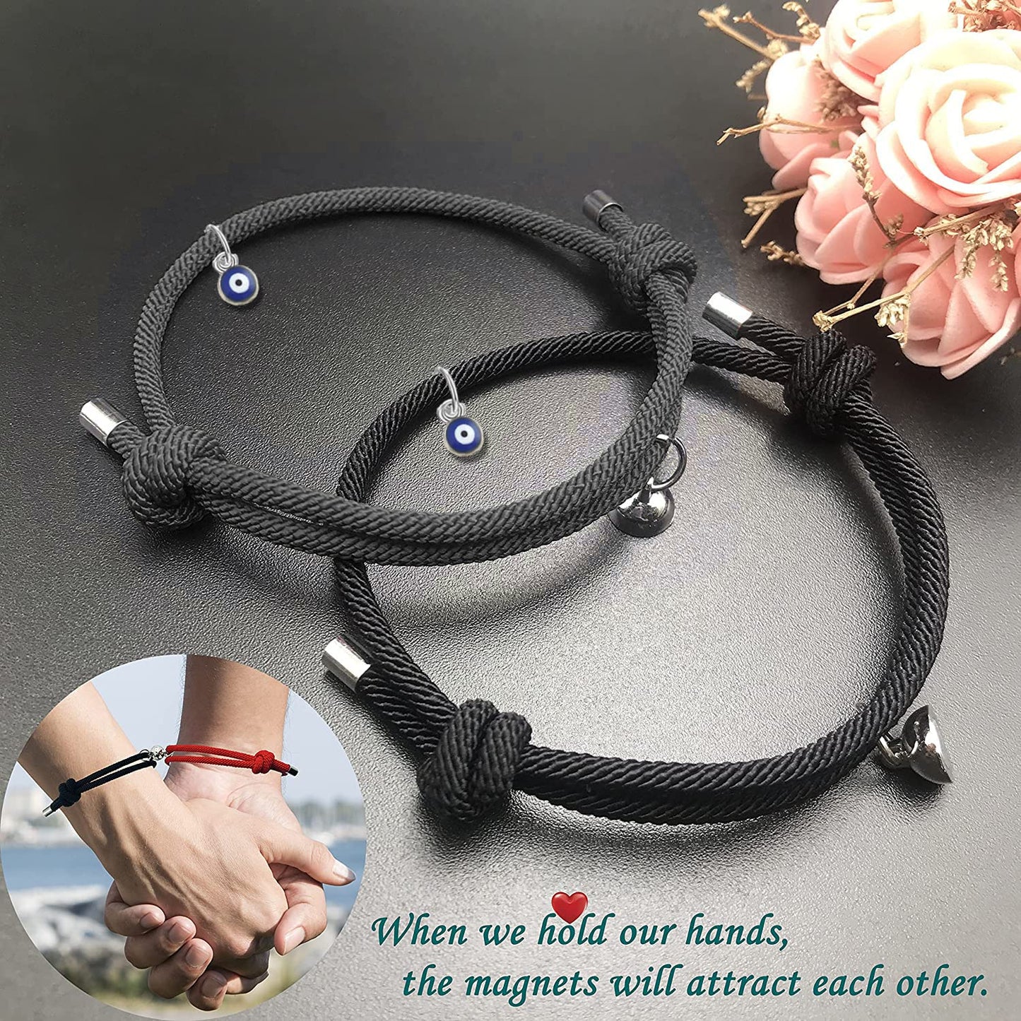 tekme 2PCS Set Magnetic Couple Bracelets for Women Men, Stainless Steel Heart Shaped with Sun and Moon Attraction Matching Bracelet Gifts for Lover/Friend, Gift for Valentine Day