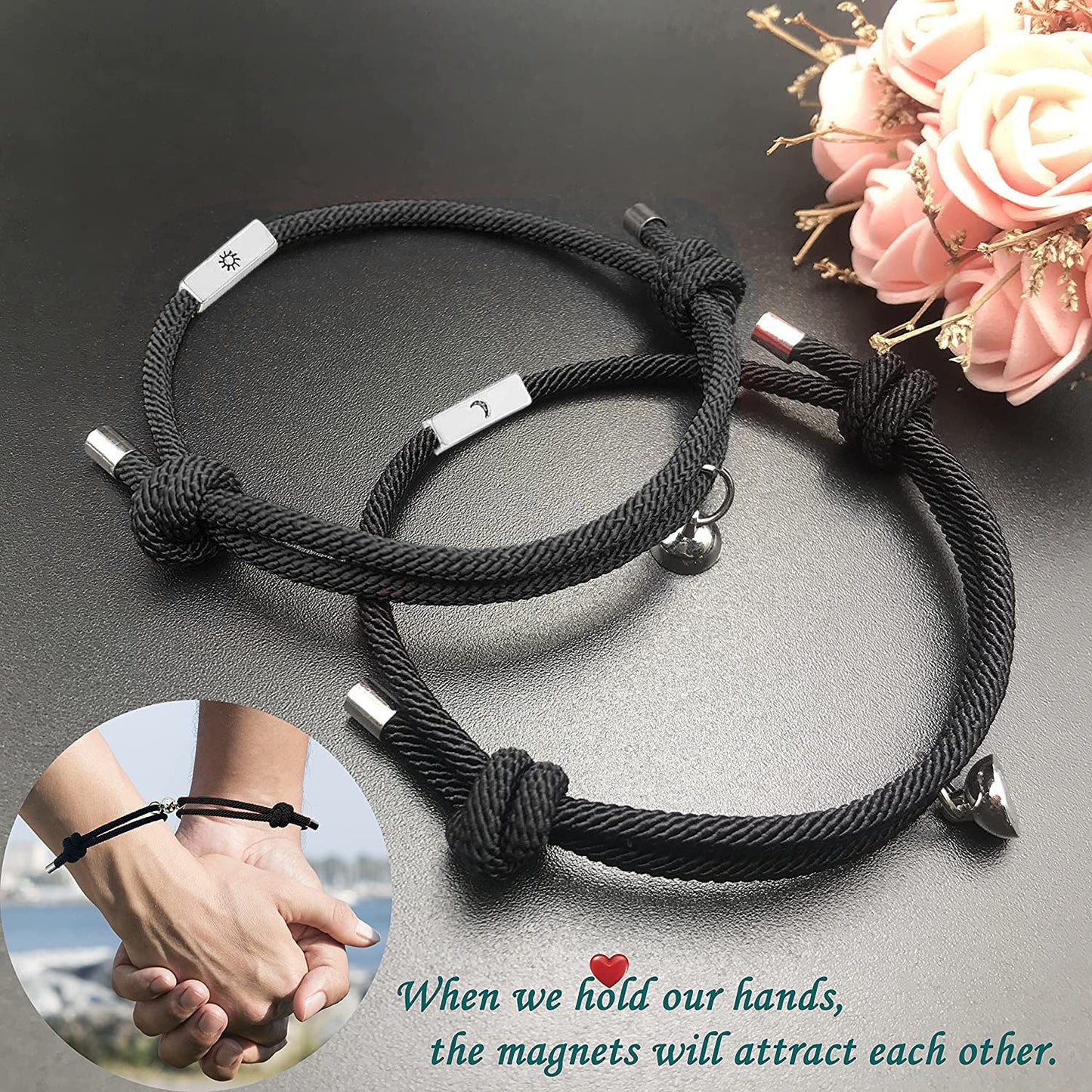 tekme 2PCS Set Magnetic Couple Bracelets for Women Men, Stainless Steel Heart Shaped with Sun and Moon Attraction Matching Bracelet Gifts for Lover/Friend, Gift for Valentine Day