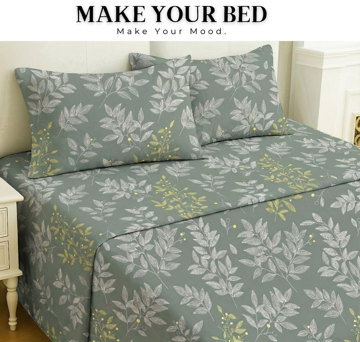 BSB HOME 100% Cotton CloudTouch Double Bed Bedsheet Set | 144 TC Soft & Breathable | Mint Green Floral & Beige Leaves with 2 Pillow Covers | Wrinkle Free | for Bedroom (90 x 90 Inches)