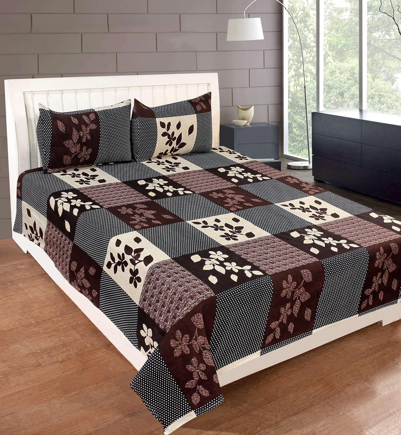 Decorum Earthy Floral Block Patch Double Bedsheet Set | Warm Tone Designer Bedsheet | Cotton Blend with Matching Pillow Covers