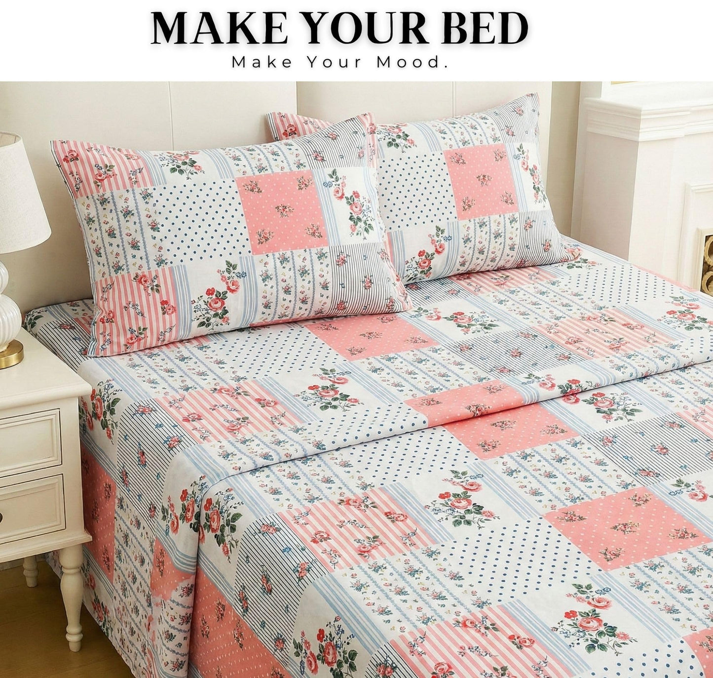 BSB HOME 100% Cotton CloudTouch Double Bed Bedsheet Set | 144 TC Soft & Breathable | Mint Green Floral & Beige Leaves with 2 Pillow Covers | Wrinkle Free | for Bedroom (90 x 90 Inches)