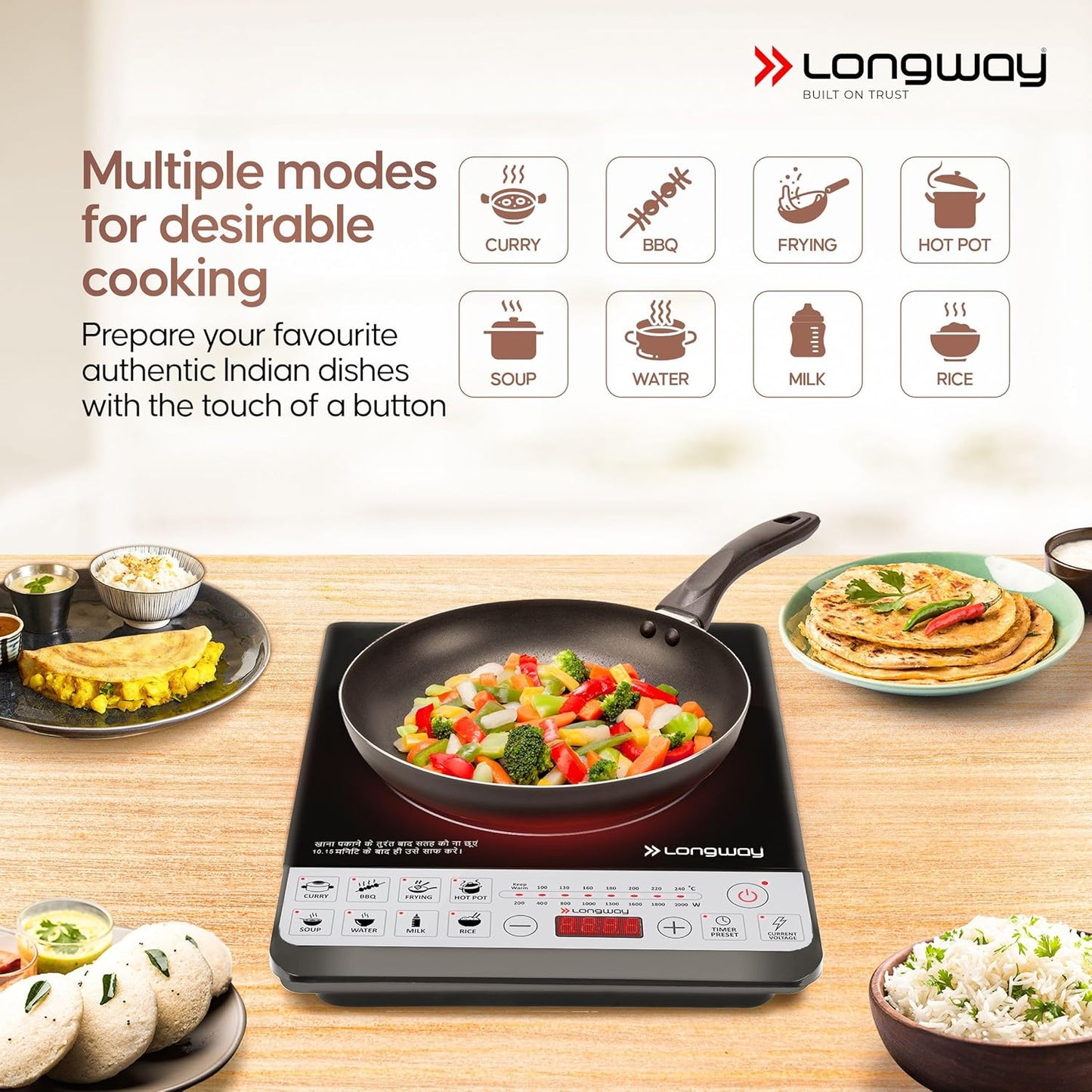 Longway Cruiser IC 2000 Watt Induction Cooktop with Auto Shut-Off & Over-Heat Protection With 8 Cooking Mode & BIS Approved | 2-Year Warranty | (Black, Push Button)