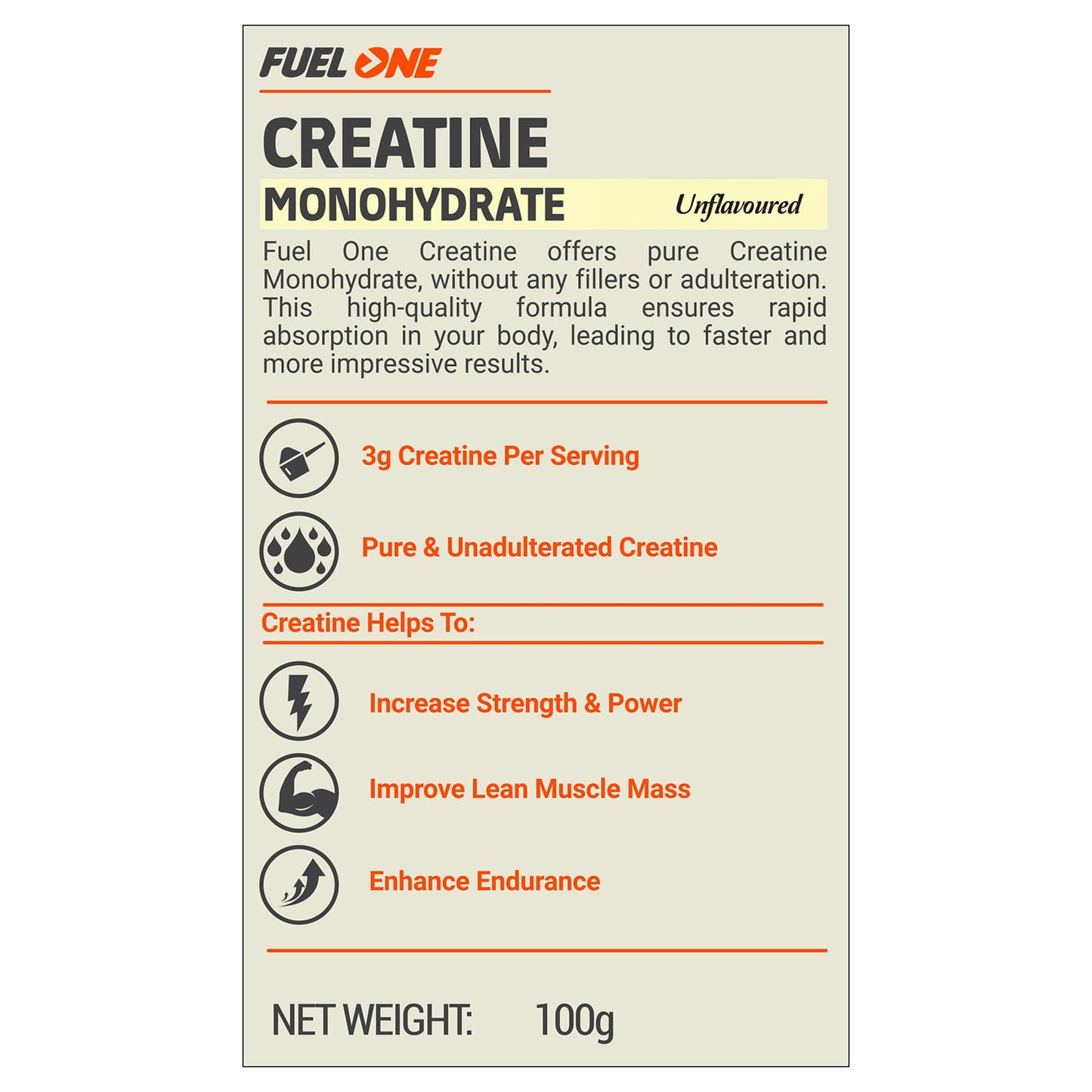Fuel One Creatine Monohydrate, 100 g (0.22 lb) Unflavoured